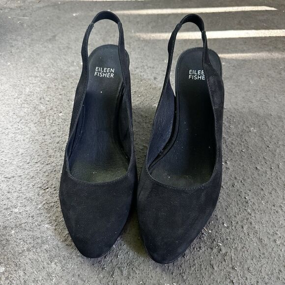 Eileen Fisher Milla Tumbled Nubuck Leather Slingback Pump | Black Size 8 - Picture 1 of 6